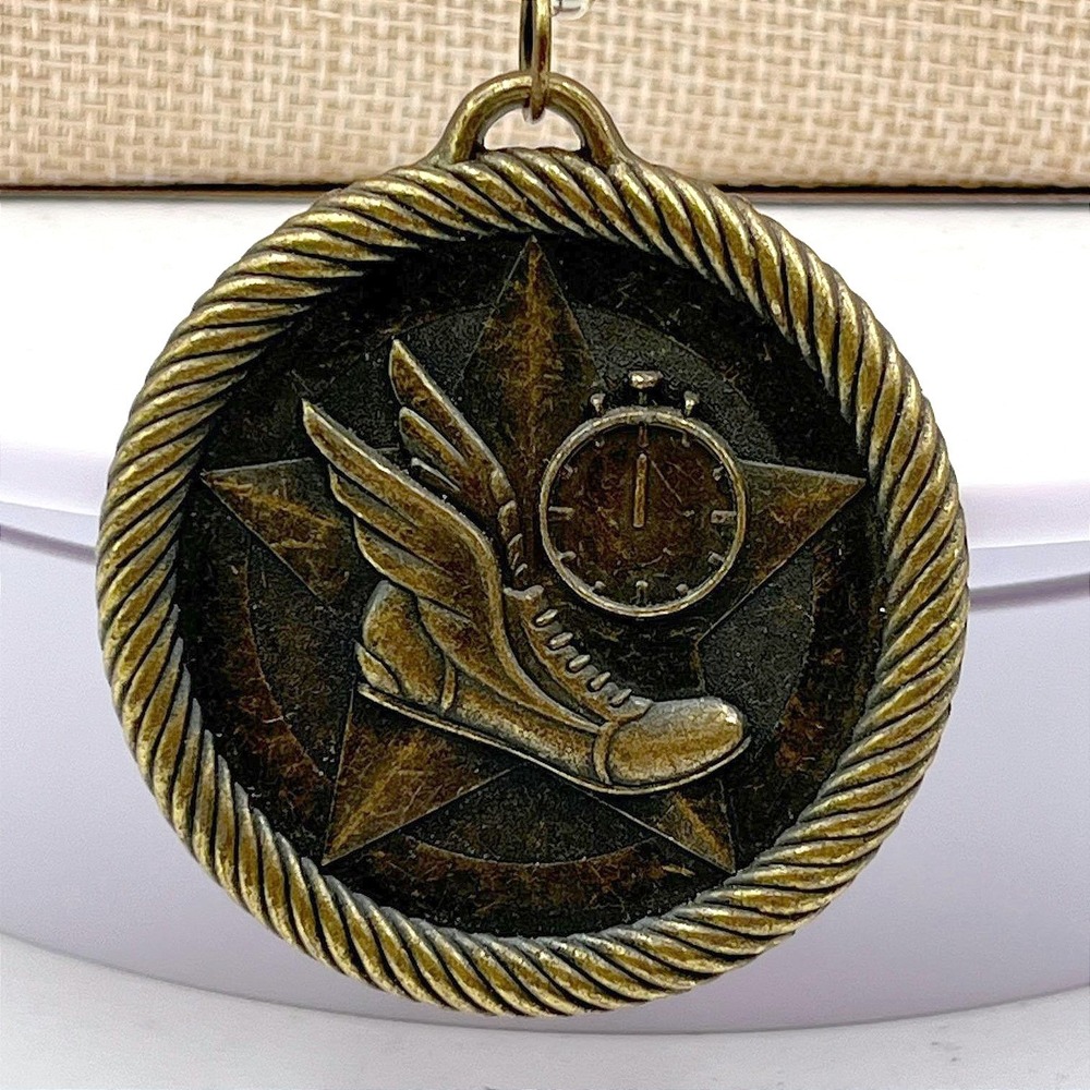 VTG Bronze Winged Foot Running Shoe‎ Medal Pendant Necklace Track Field Jewelry